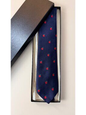 Vintage Navy Blue Tie With Red Apple Pattern By The Competitor Made In USA